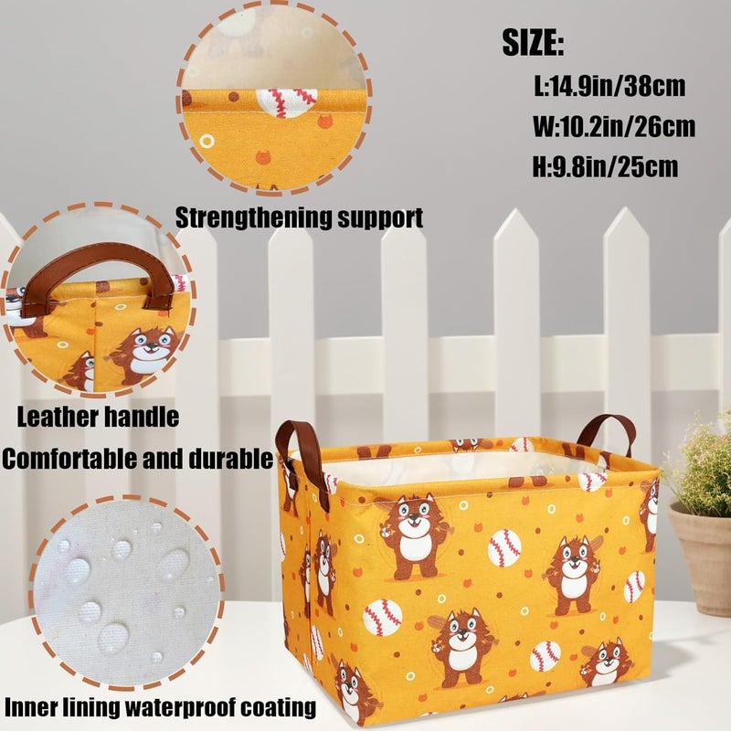 SETAMA Kid Cute Storage Basket Baby Gift Basket Collapsible Rectangle Canvas Storage Bin for Nursery Playroom Bedroom Decor Organizer (Cartoon Bear Baseball) - Image 4